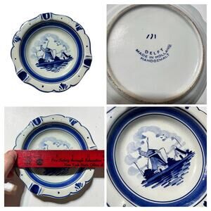 Vintage Delft Blue Windmill Ashtray 5in Hand Painted Holland Trinket Dish